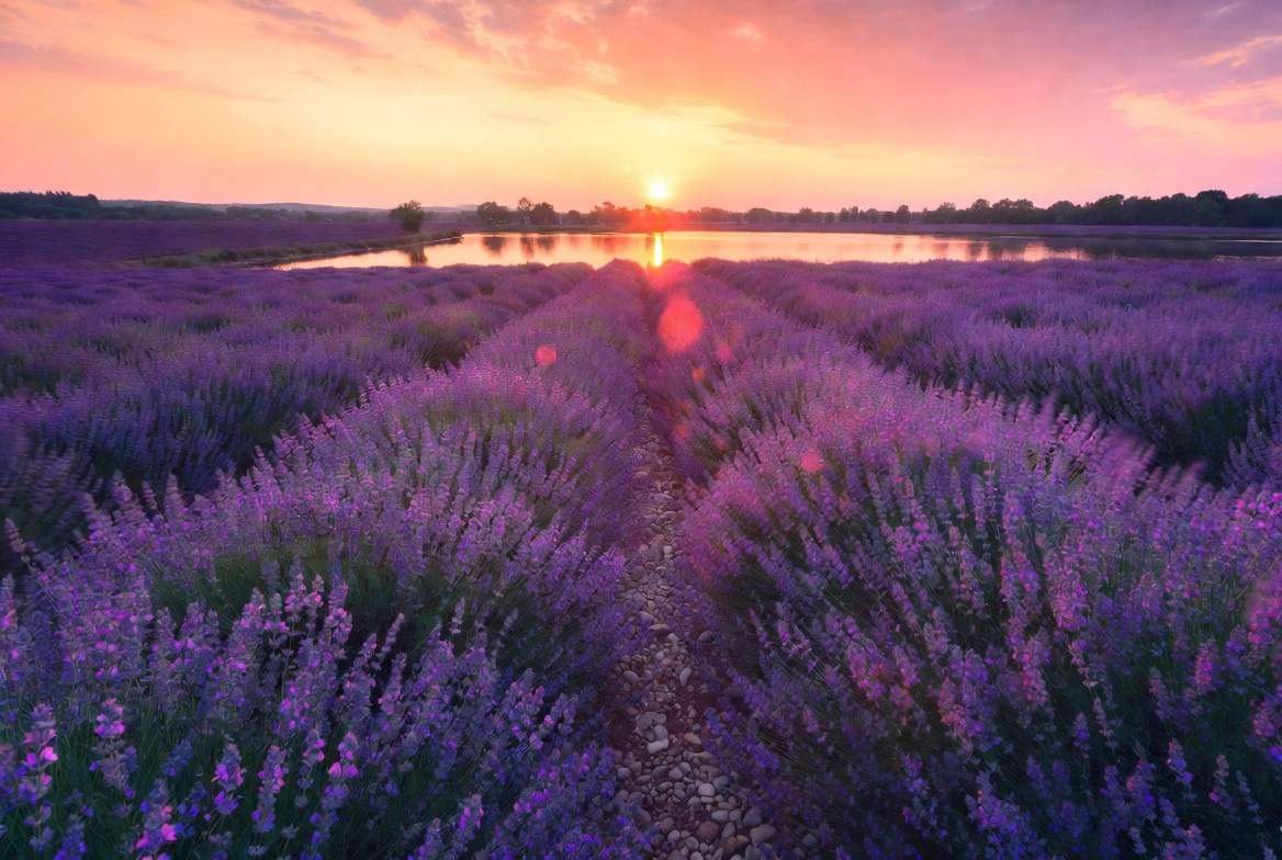 Serene dirt path lined with blooming purple lavender at golden hour sunset, leading toward a calm lake with a small wooden dock in the distance